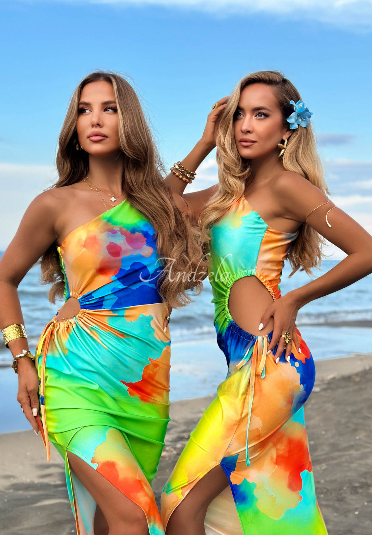 Asymetryczna sukienka maxi we wzory Hawaii Papaya żółto-pomarańczowa