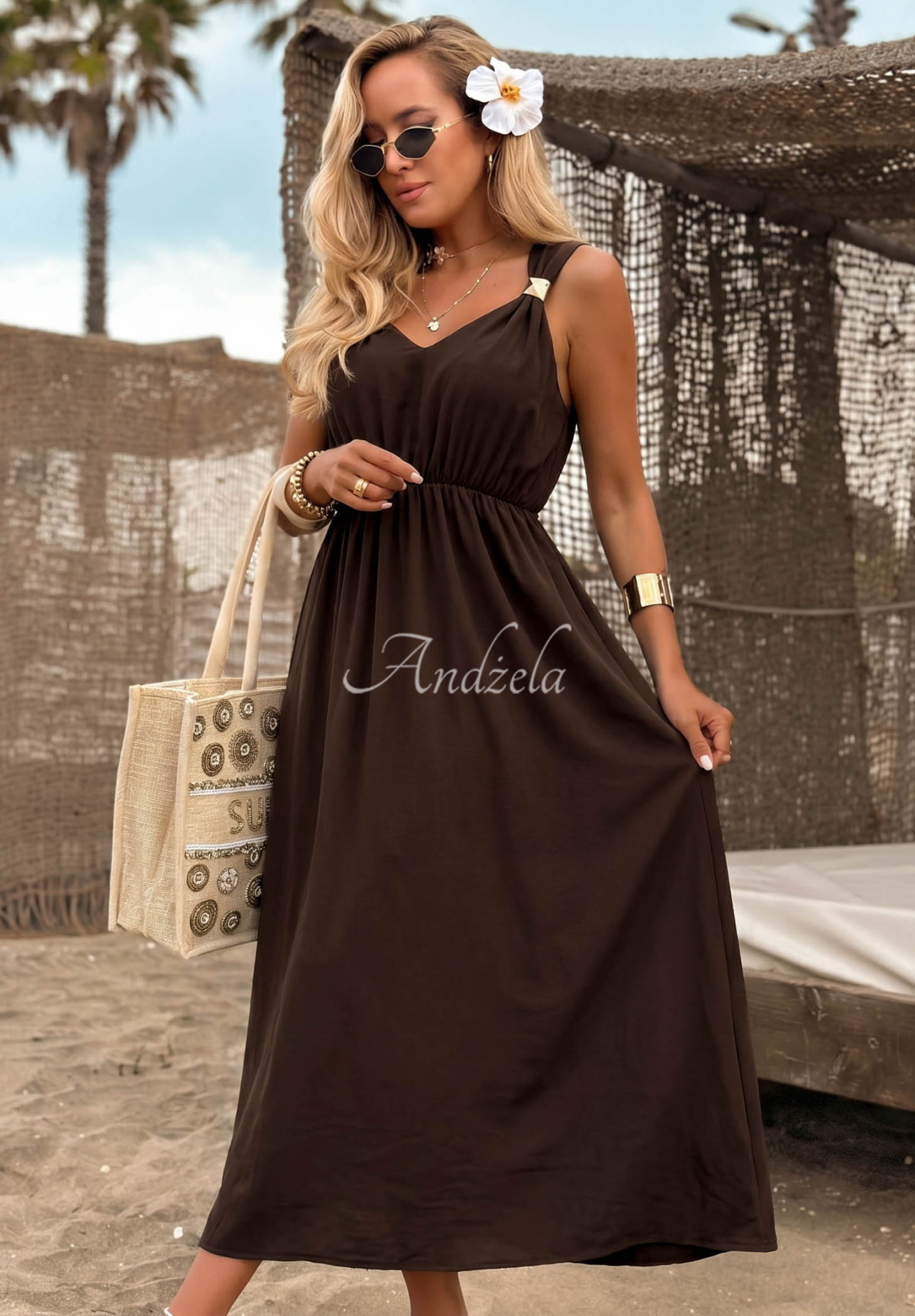 Island Shine Chocolate Viscose Spaghetti-Strap Dress