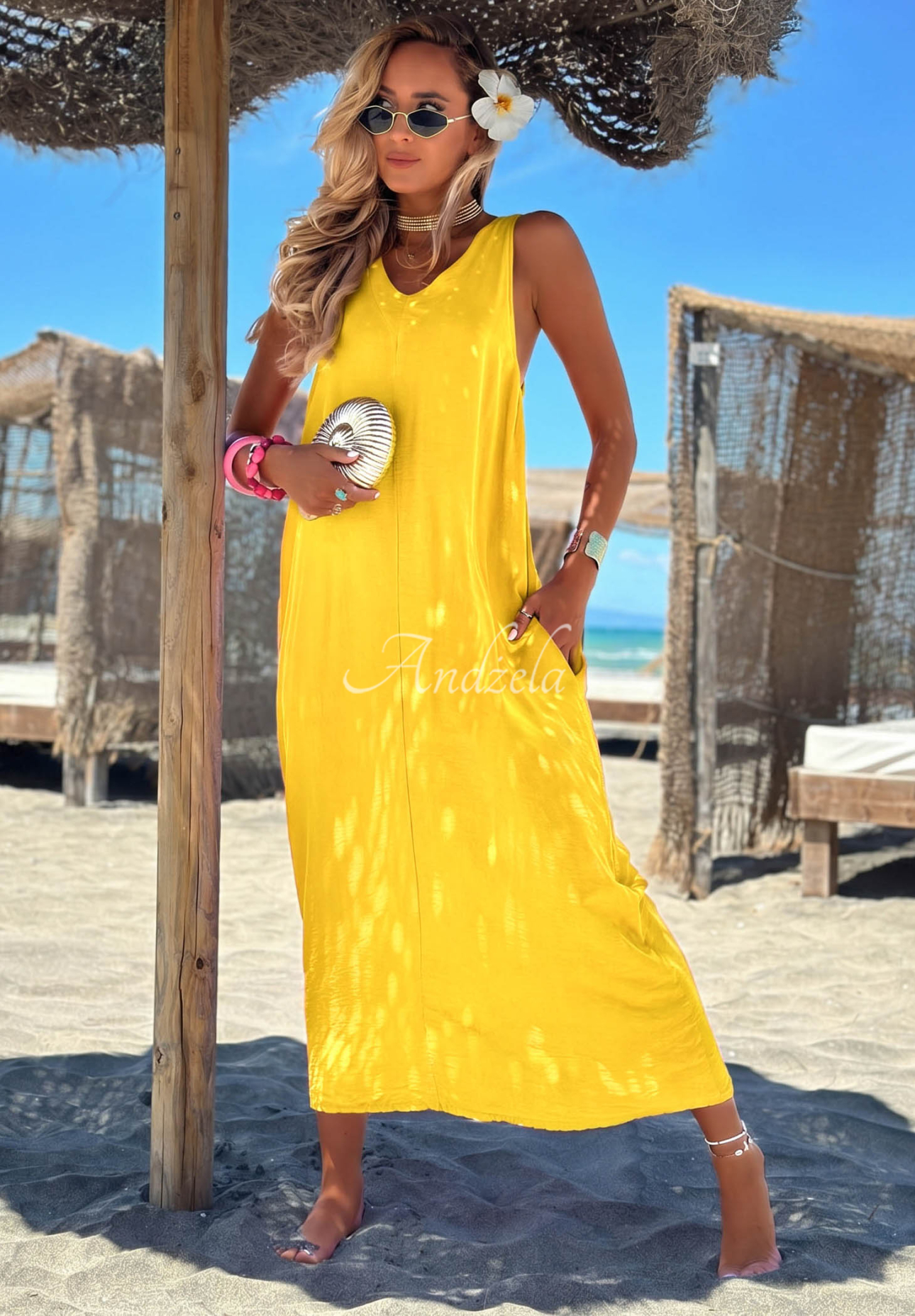 The Shoreline Yellow Viscose Maxi Dress with Straps