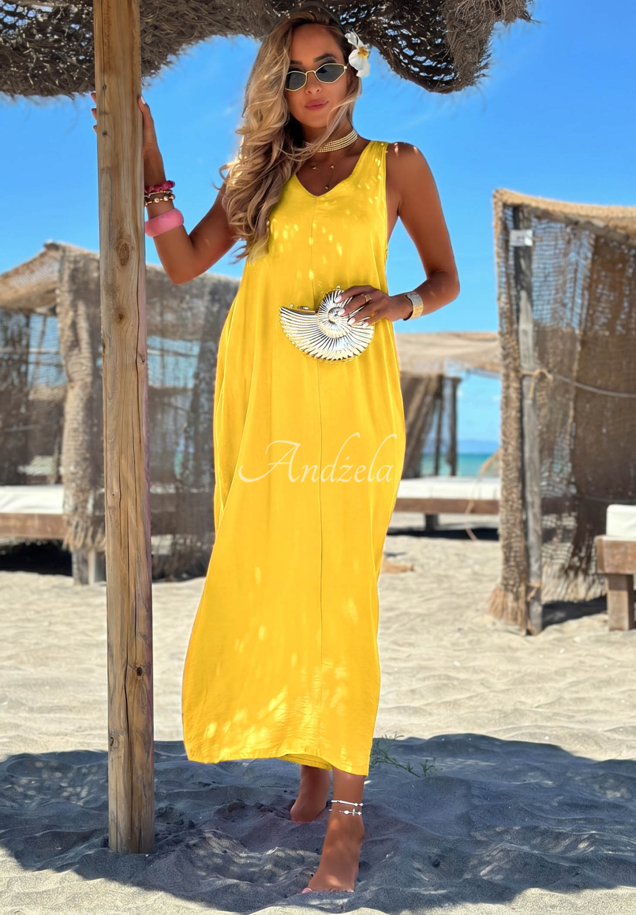 The Shoreline Yellow Viscose Maxi Dress with Straps