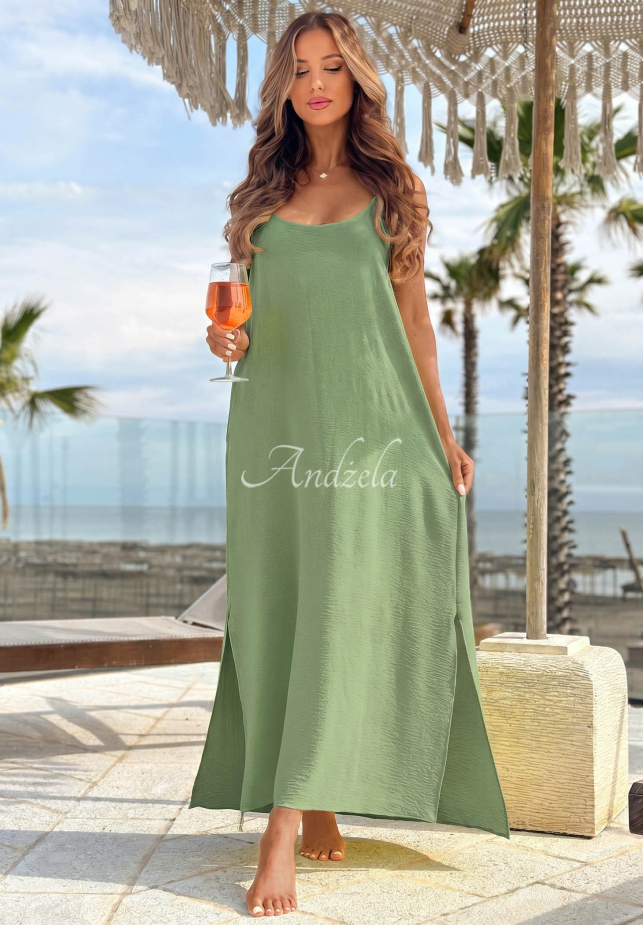 Sukienka maxi na ramiączkach Ocean Mist pistacjowa