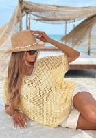 Ażurowy bawełniany sweter z dekoltem Sandy Glow żółty