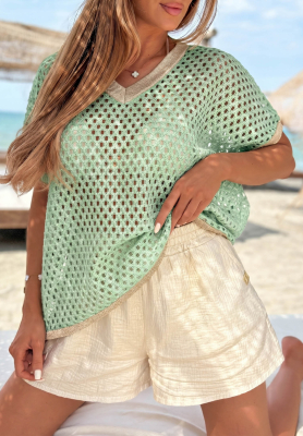 Openwork cotton sweater with a neckline by Sandy Glow in pistachio