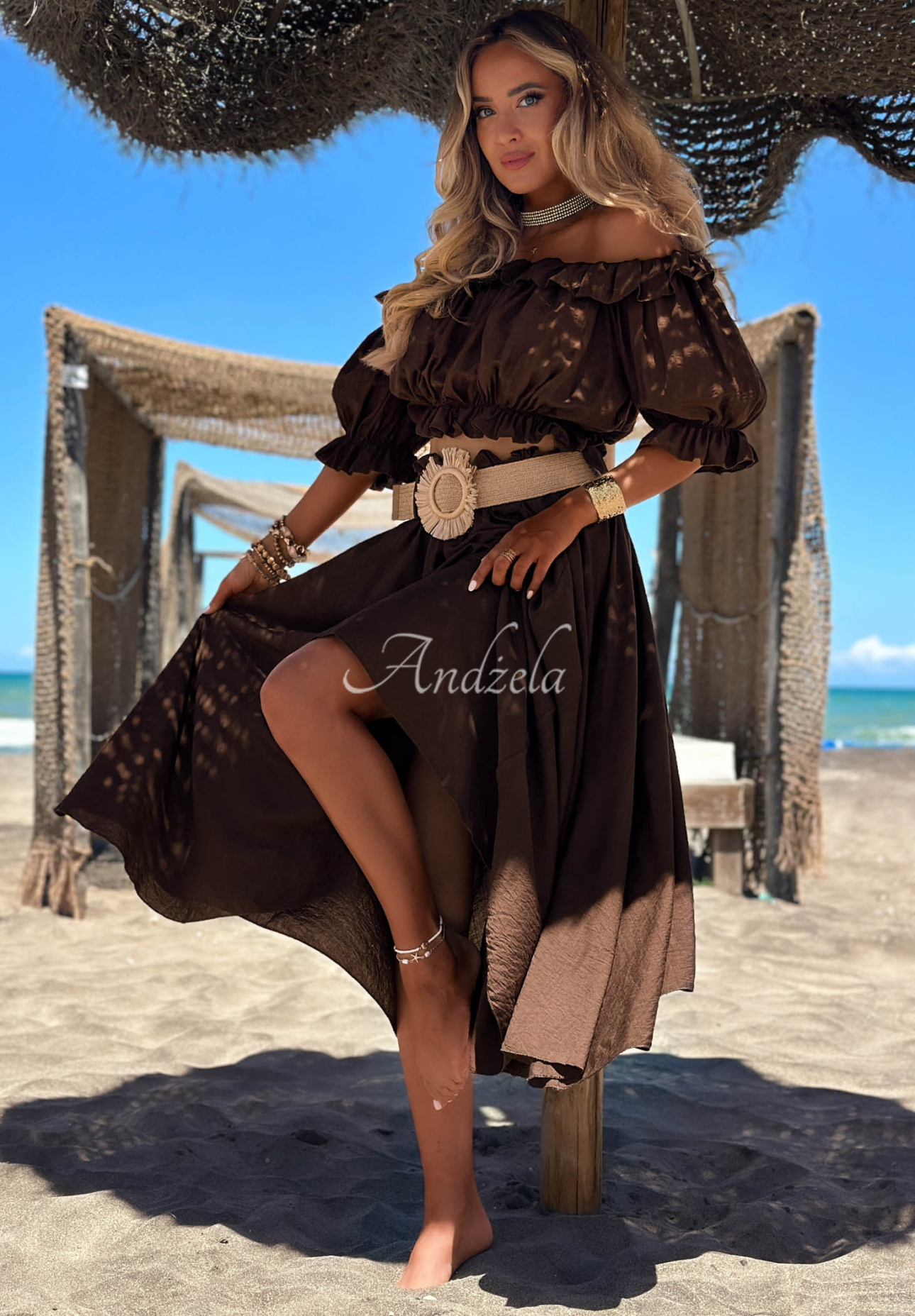 Viscose off-the-shoulder blouse and maxi skirt set with belt, "Summer Beauty" in chocolate brown