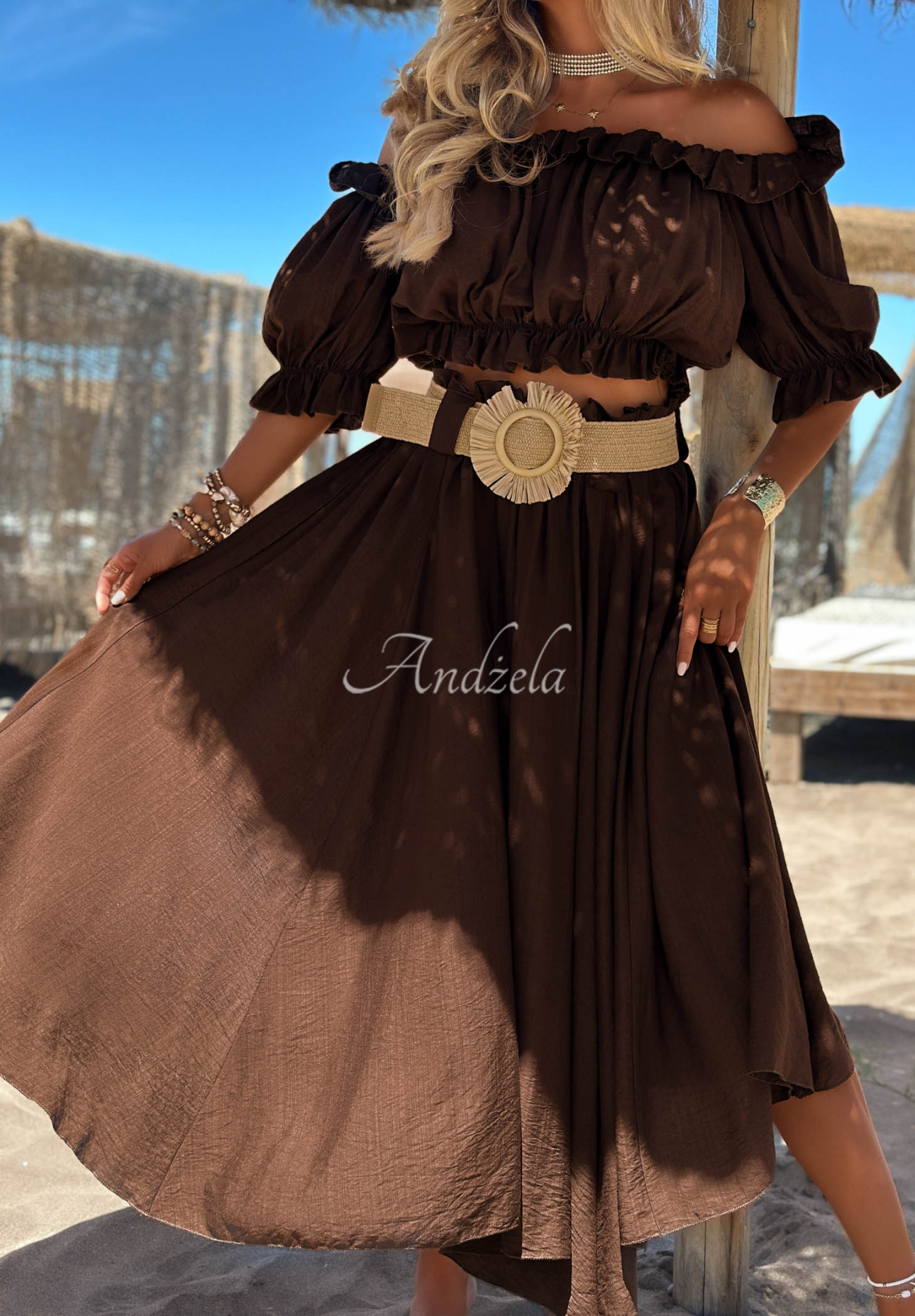 Viscose off-the-shoulder blouse and maxi skirt set with belt, "Summer Beauty" in chocolate brown