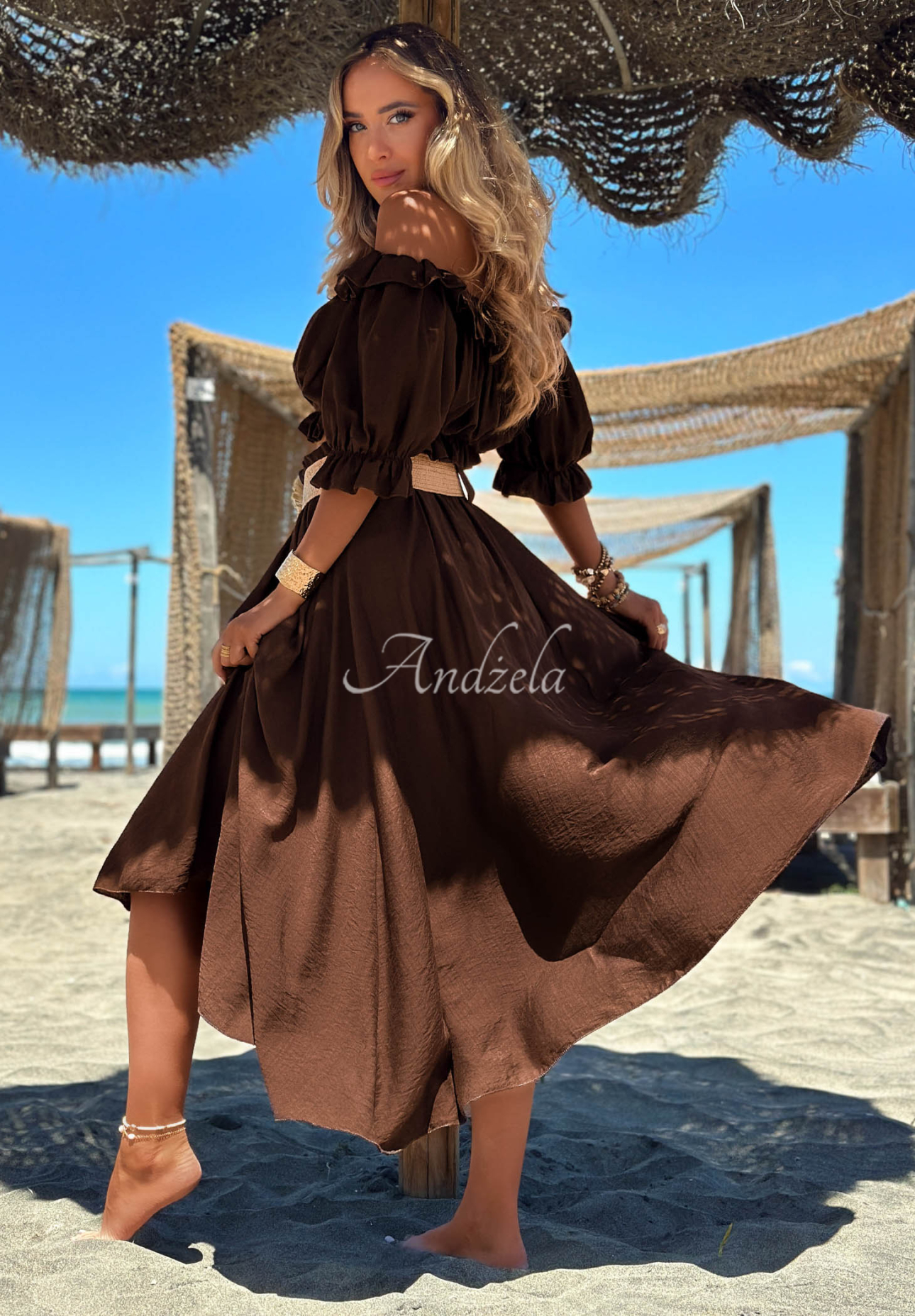 Viscose off-the-shoulder blouse and maxi skirt set with belt, "Summer Beauty" in chocolate brown