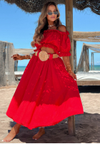 Komplet bluzka hiszpanka i spodnie wide leg z paskiem Spanish Beauty czerwony