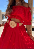Komplet bluzka hiszpanka i spodnie wide leg z paskiem Spanish Beauty czerwony