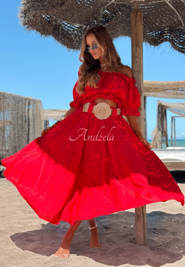 Viscose off-the-shoulder blouse and maxi skirt set with belt, "Summer Beauty" in red