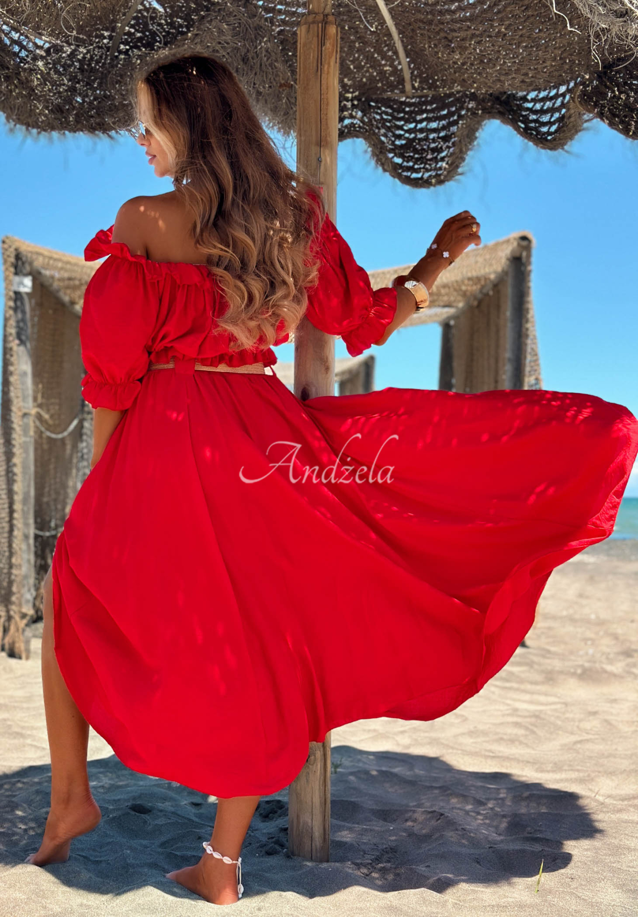 Wiskozowy komplet bluzka hiszpanka i spódnica maxi z paskiem Summer Beauty czerwony