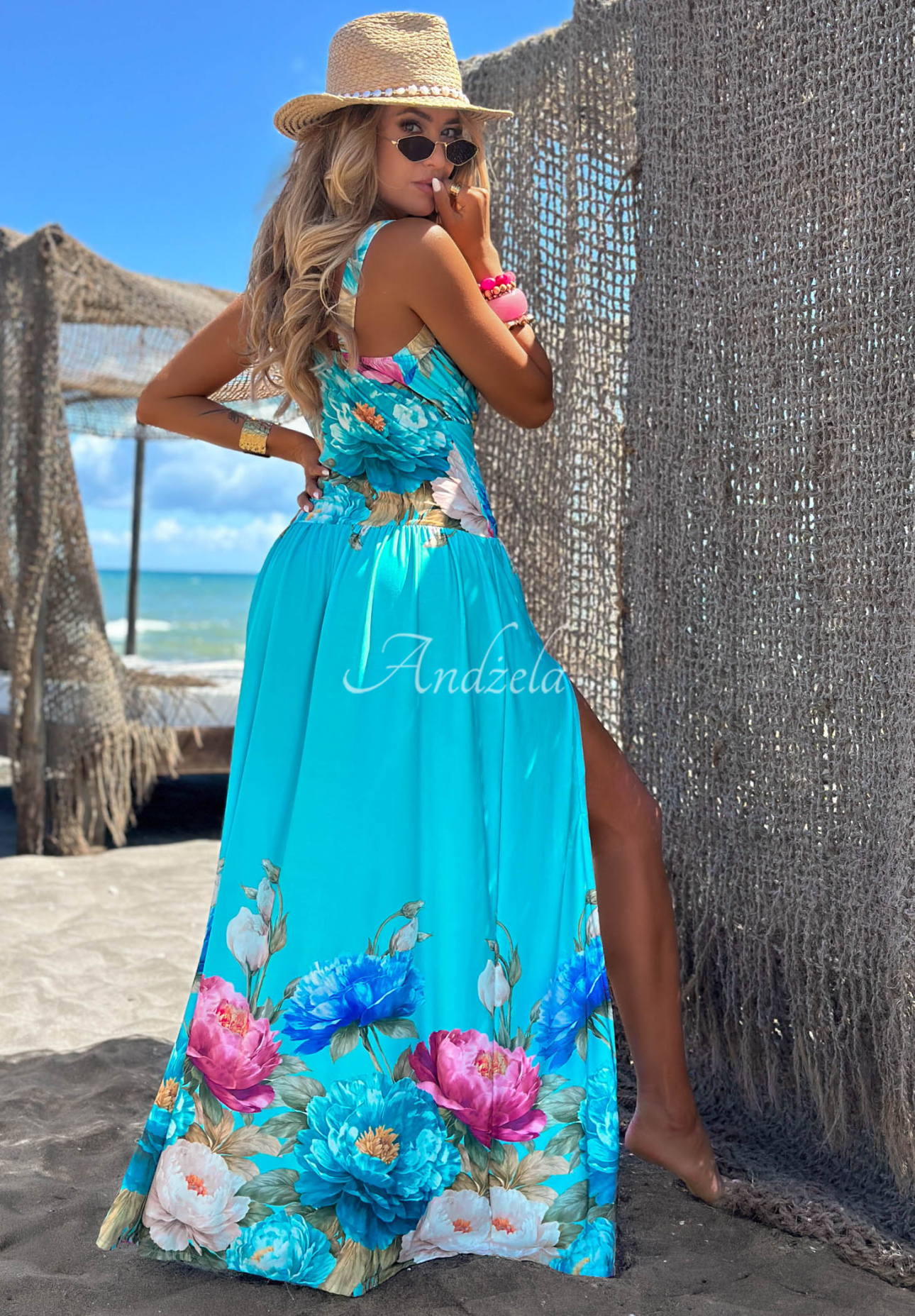 Florisse Light Blue Floral Viscose Maxi Dress with Slit