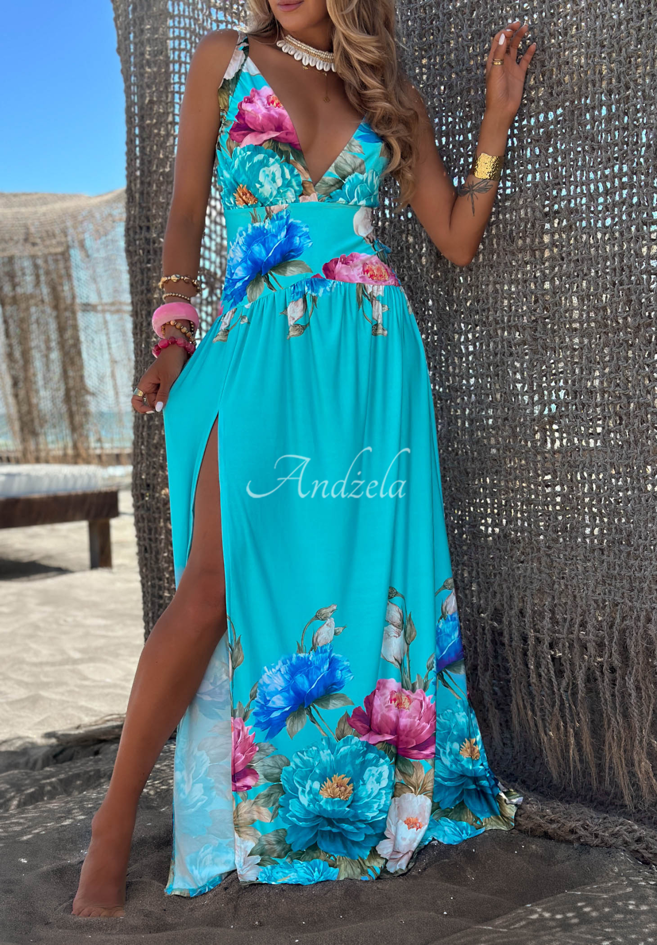 Florisse Light Blue Floral Viscose Maxi Dress with Slit
