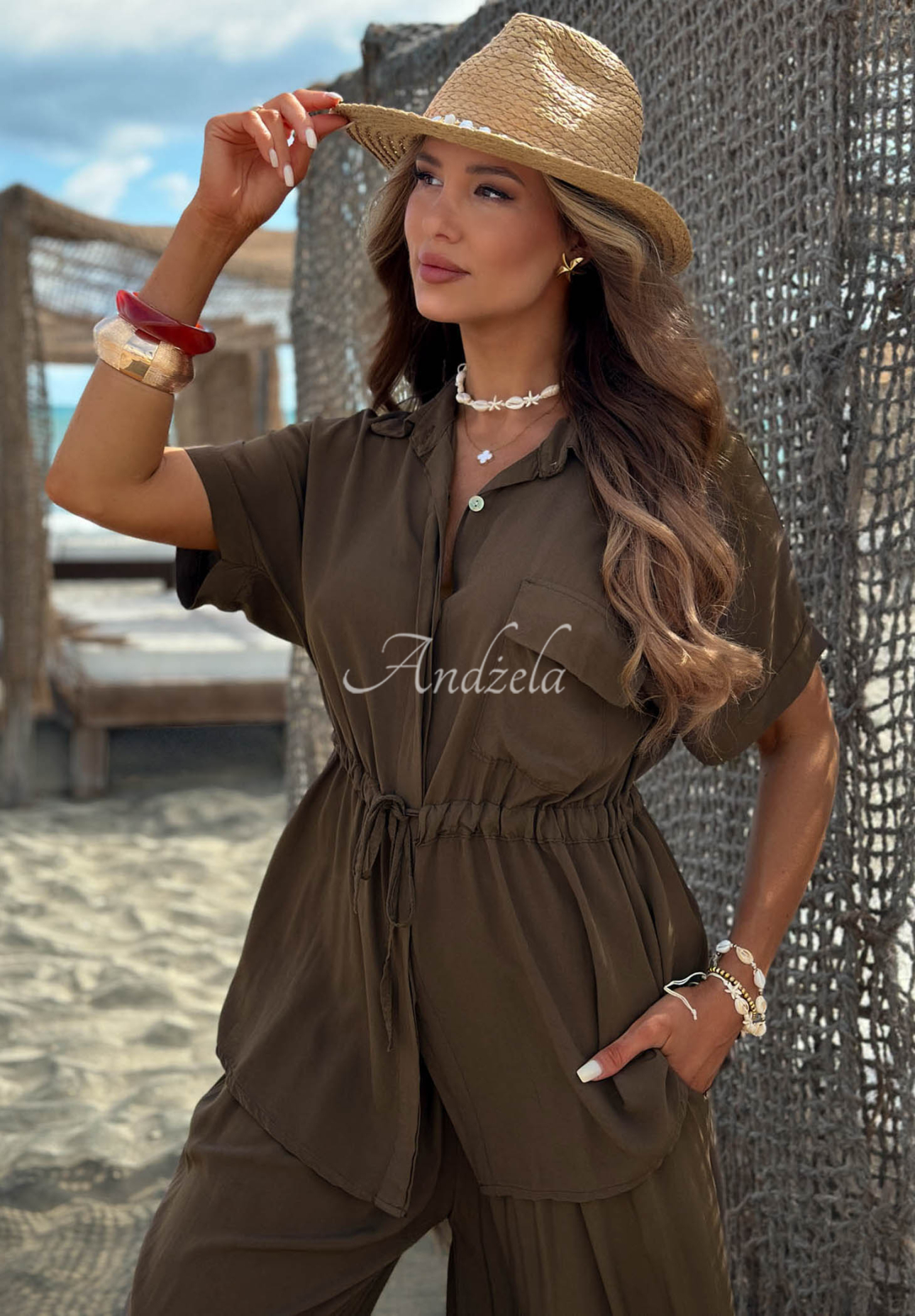 Elite Summer chocolate-colored viscose set: ribbed-collar shirt and wide-leg pants