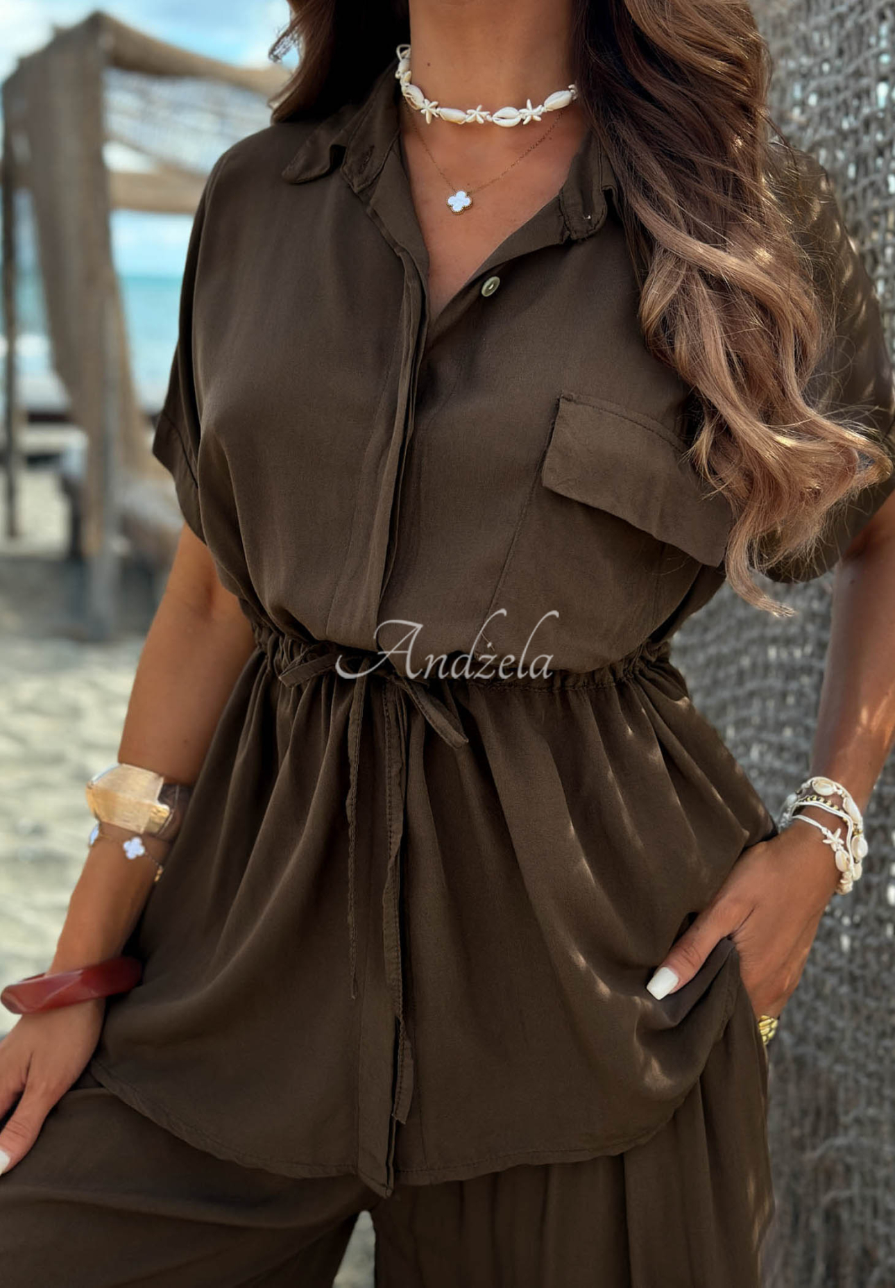 Elite Summer chocolate-colored viscose set: ribbed-collar shirt and wide-leg pants