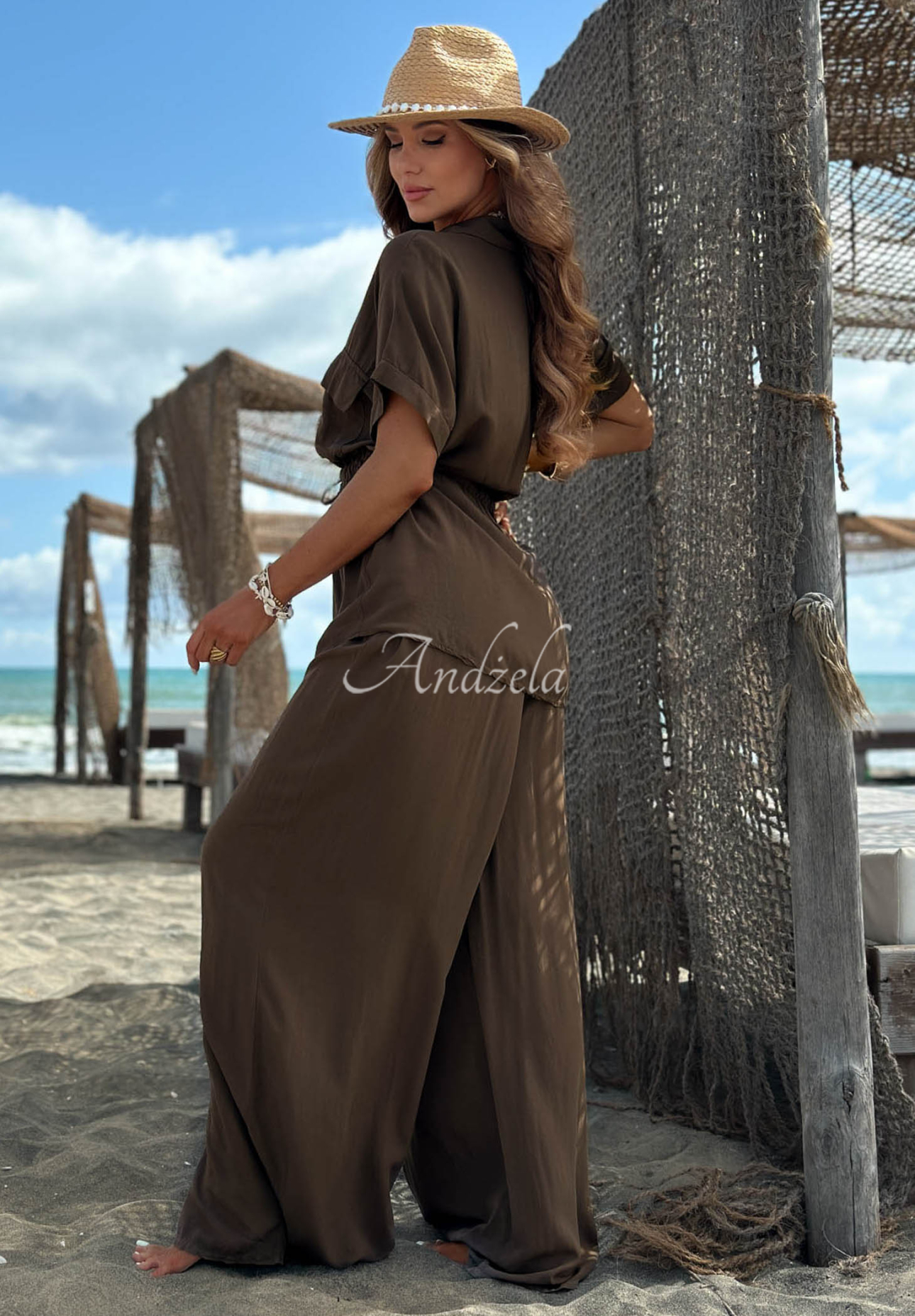 Elite Summer chocolate-colored viscose set: ribbed-collar shirt and wide-leg pants