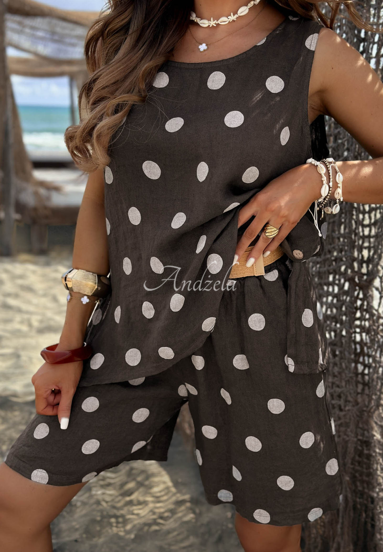 Palm Kiss chocolate-colored linen set with a polka-dot top and shorts