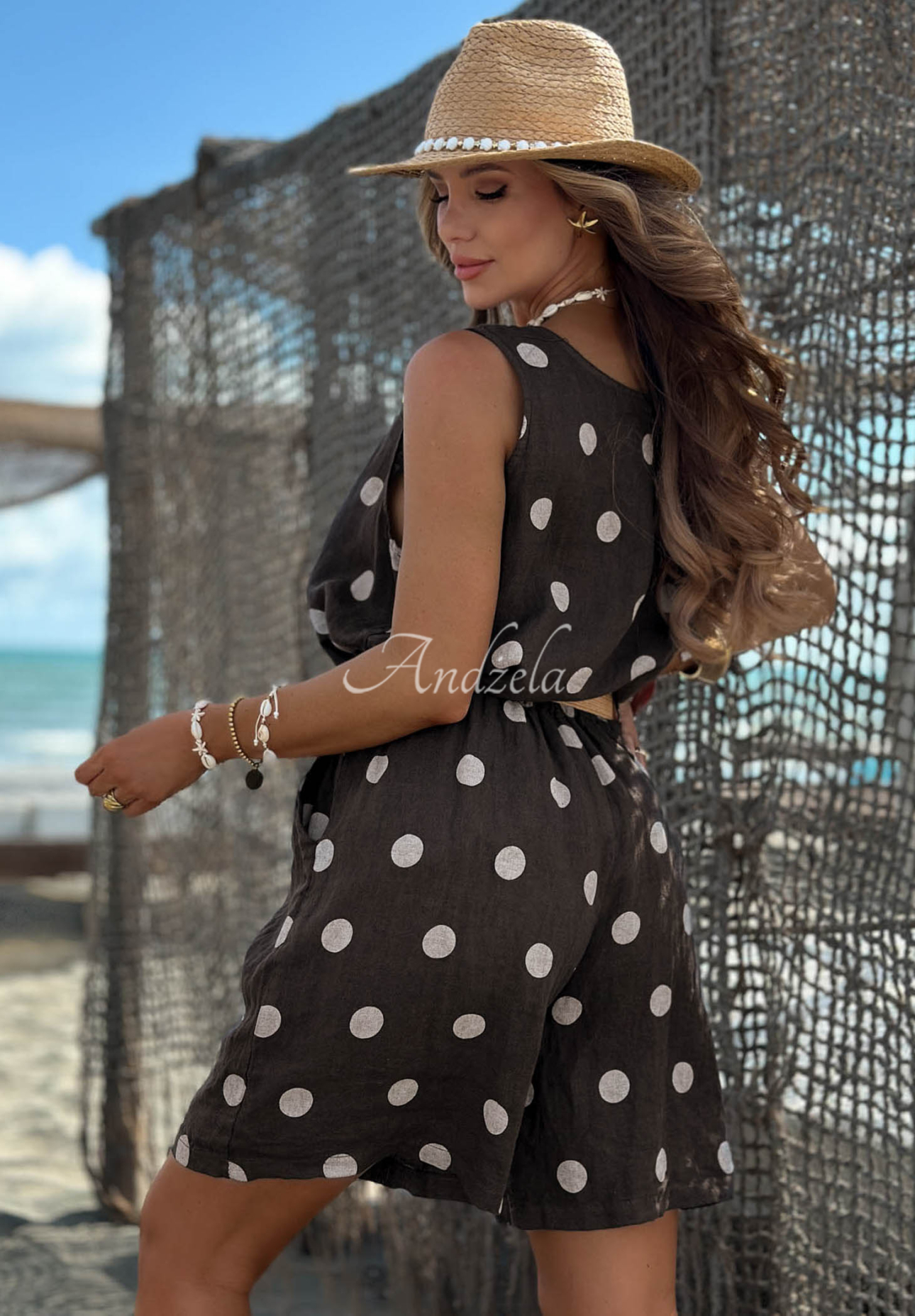 Palm Kiss chocolate-colored linen set with a polka-dot top and shorts