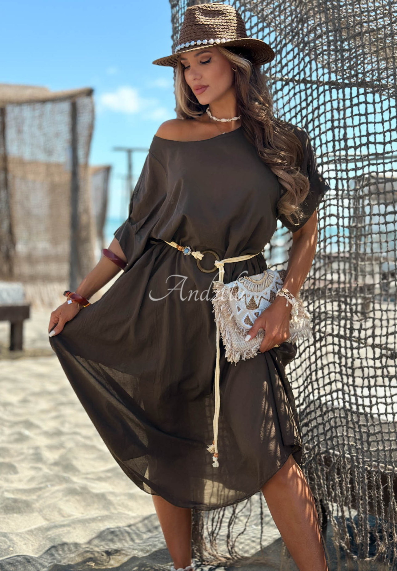 Summer Diva Chocolate-Colored Cotton Dress with a Braided Belt