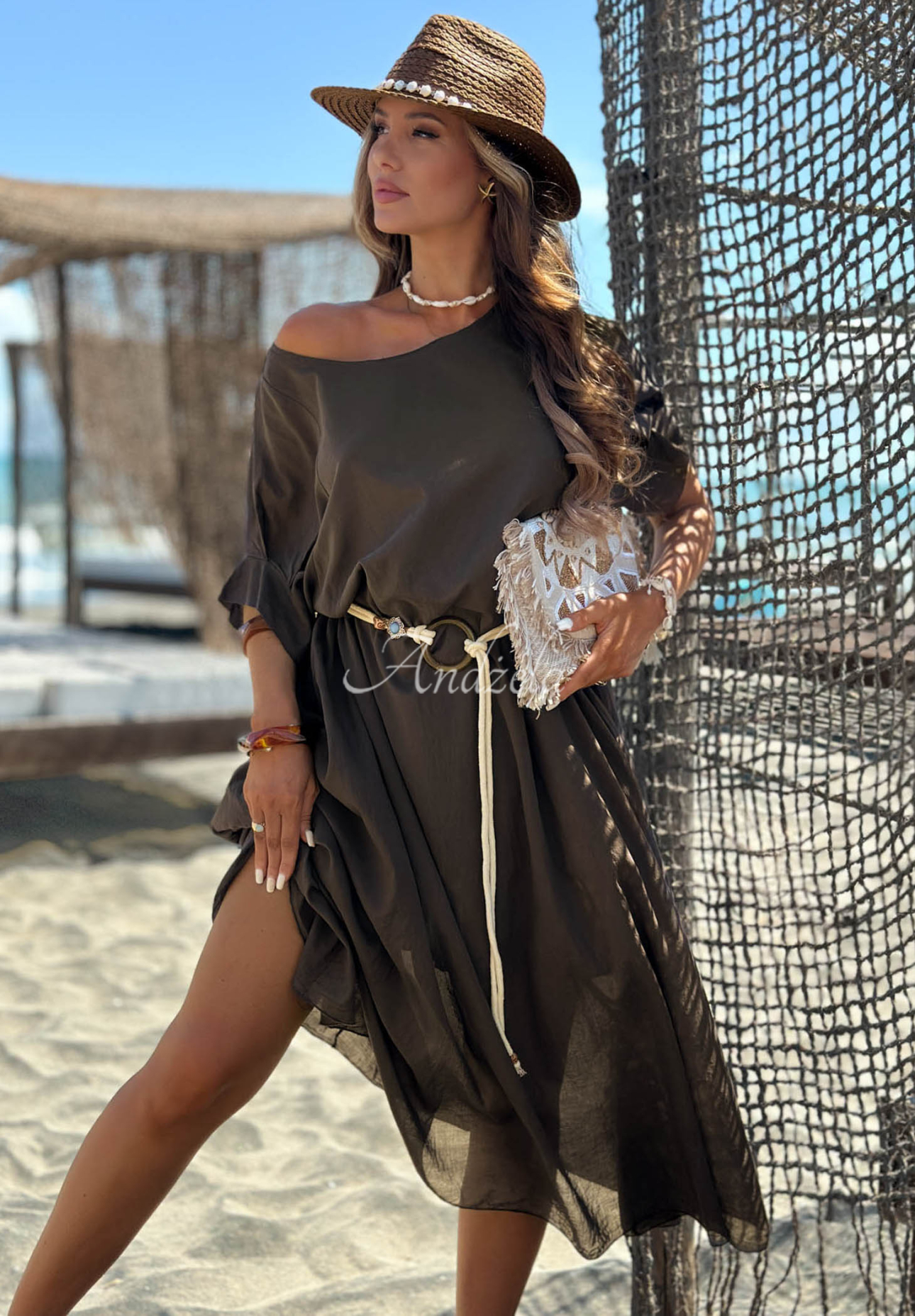 Summer Diva Chocolate-Colored Cotton Dress with a Braided Belt