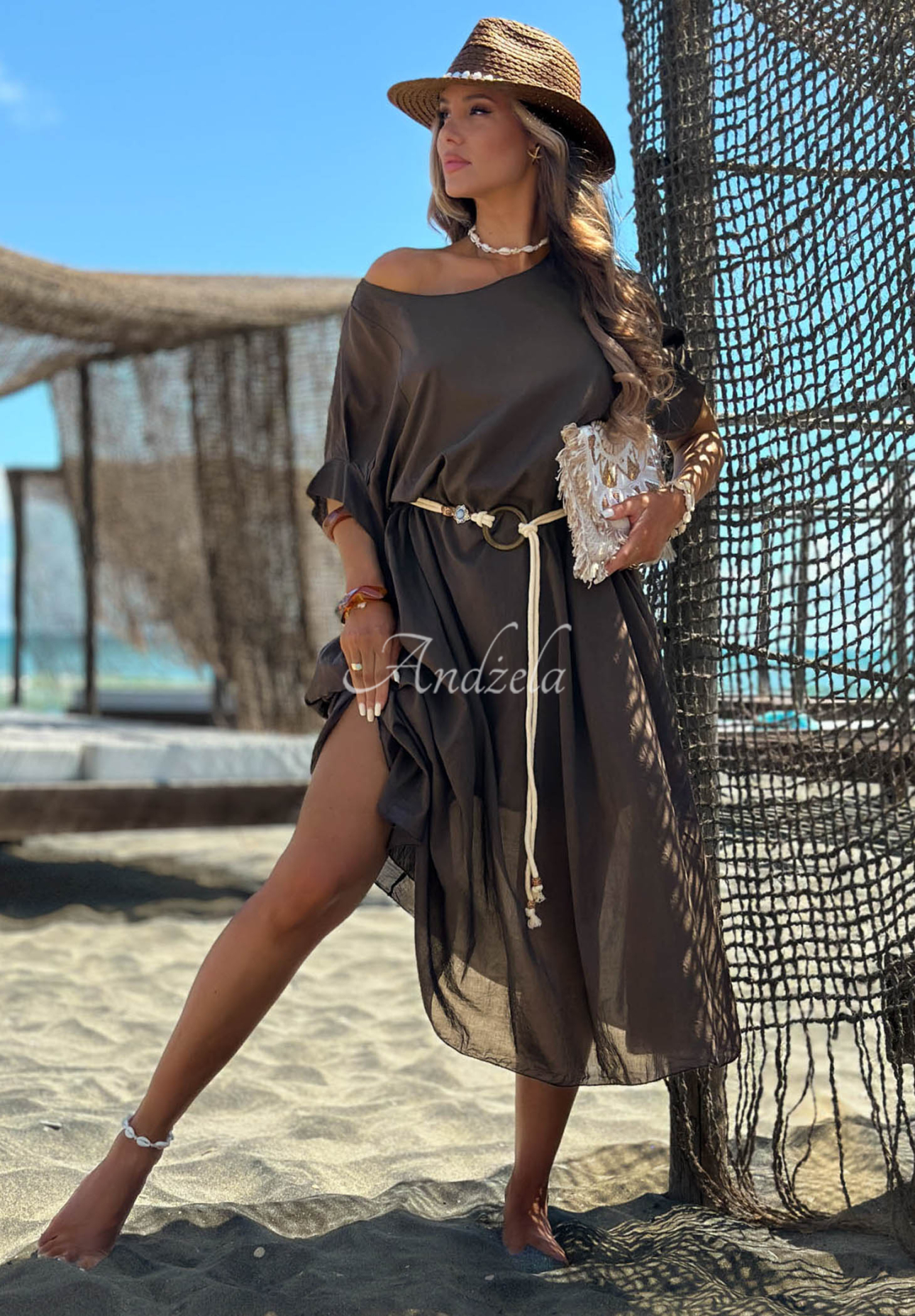 Summer Diva Chocolate-Colored Cotton Dress with a Braided Belt