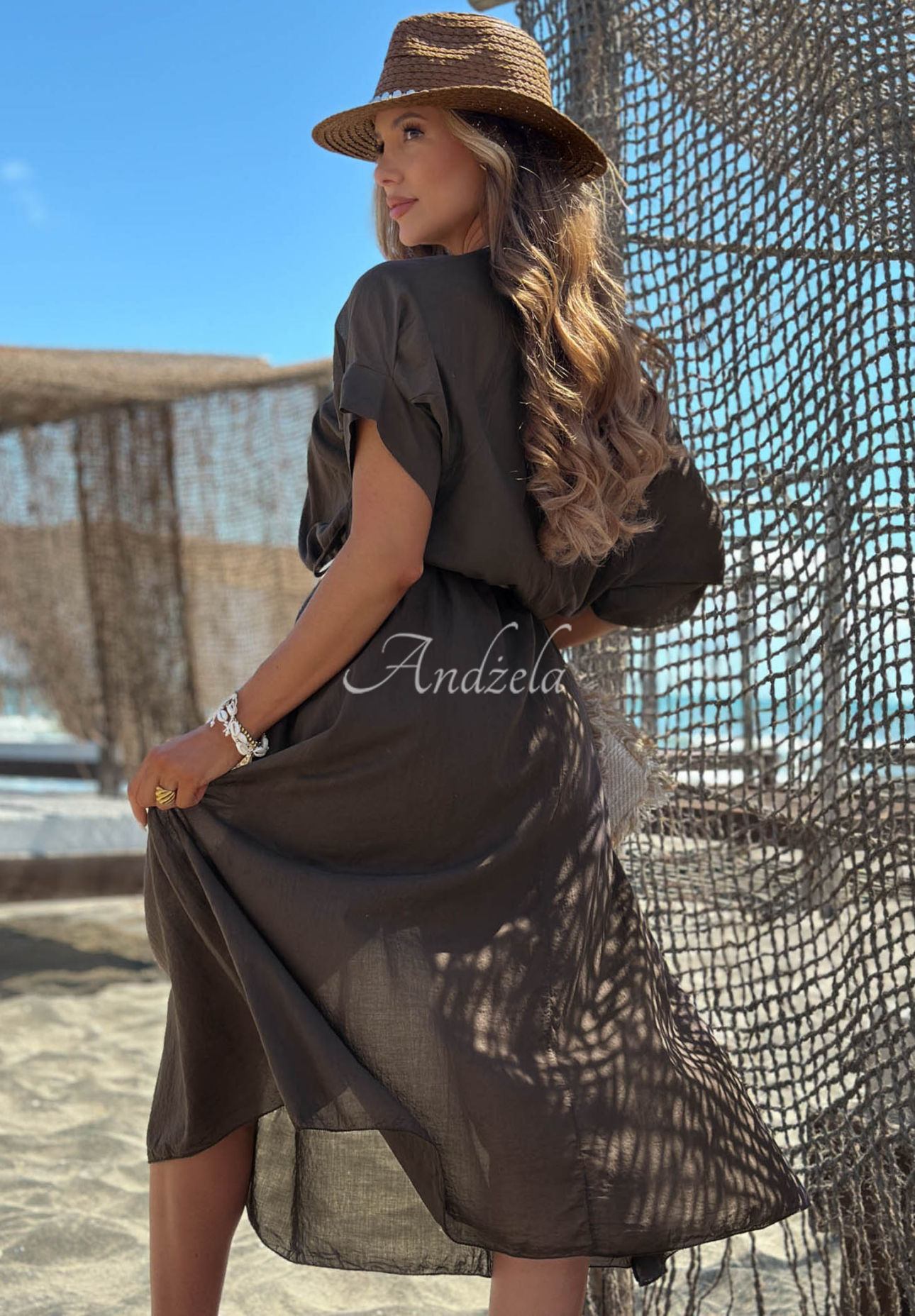Summer Diva Chocolate-Colored Cotton Dress with a Braided Belt