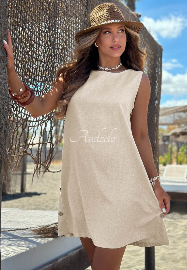 Linen Whisper Beige Button-Down Dress