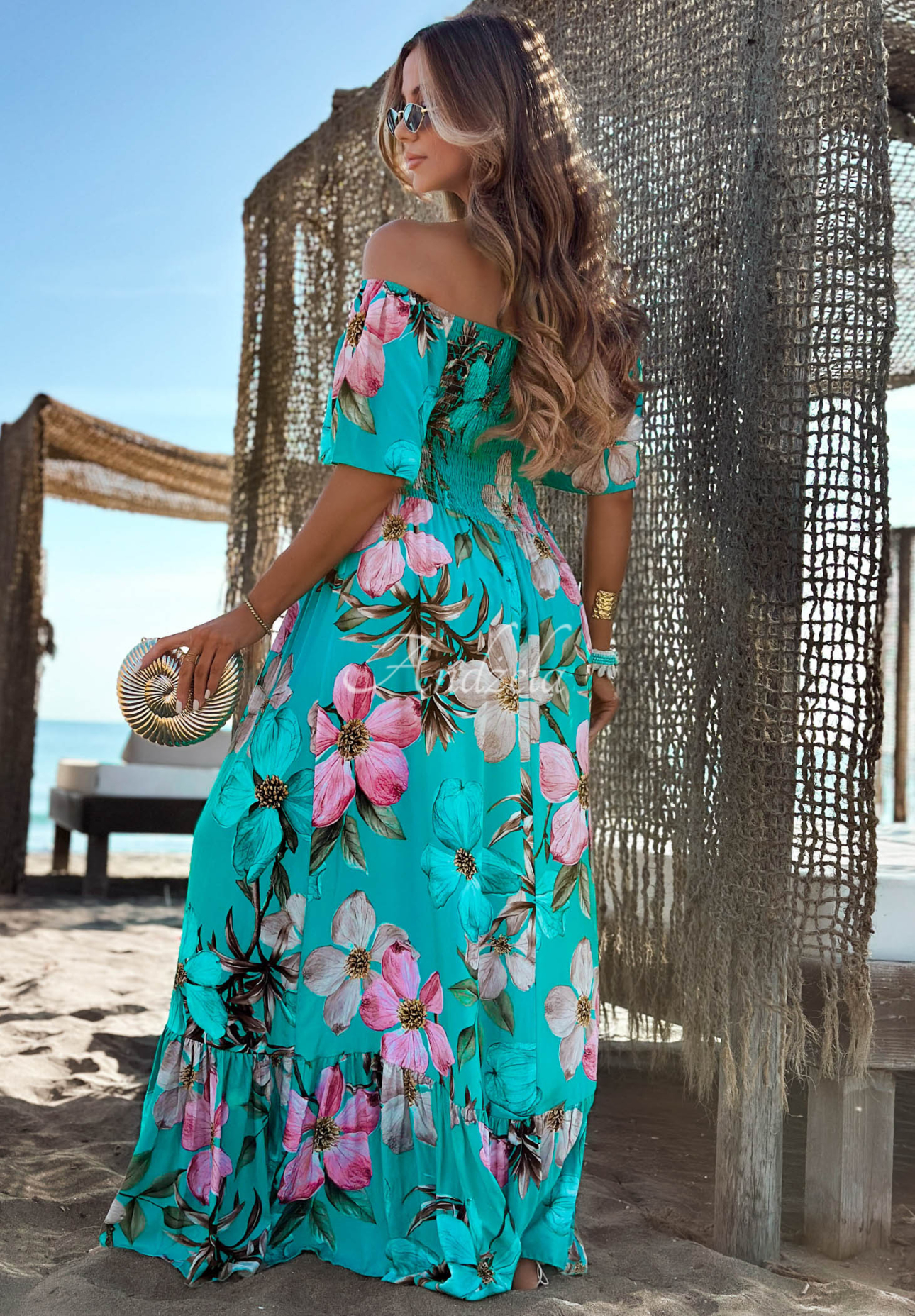 Kwiecista sukienka maxi z wiskozy Summer Florisa turkusowa