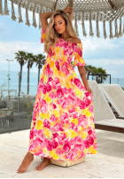 Kwiecista sukienka hiszpanka maxi z falbankami Bloom Coast pomarańczowo-różowa