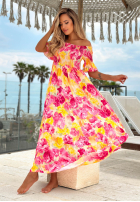 Kwiecista sukienka hiszpanka maxi z falbankami Bloom Coast pomarańczowo-różowa