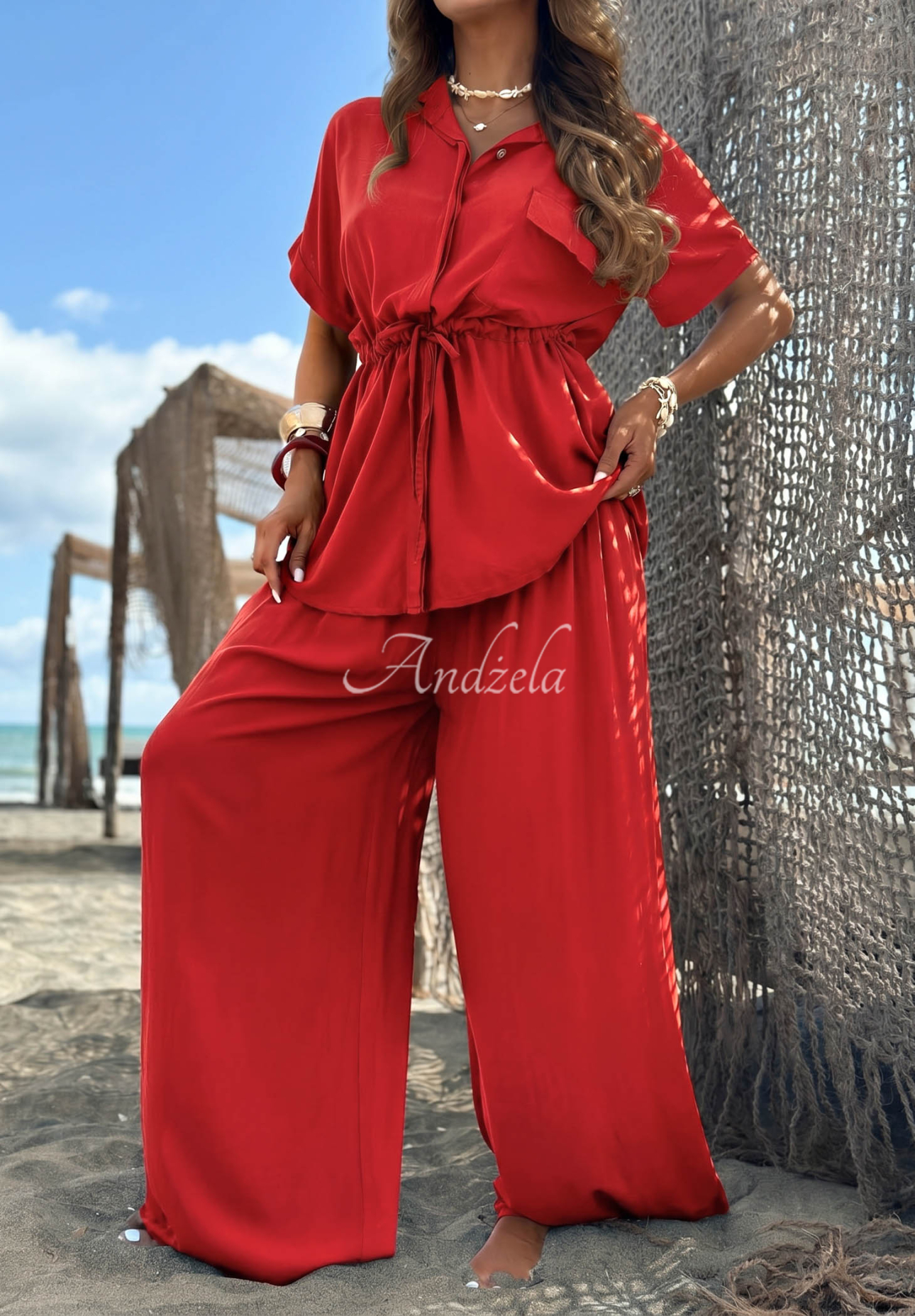 Elite Summer red viscose set: ribbed-collar shirt and wide-leg pants