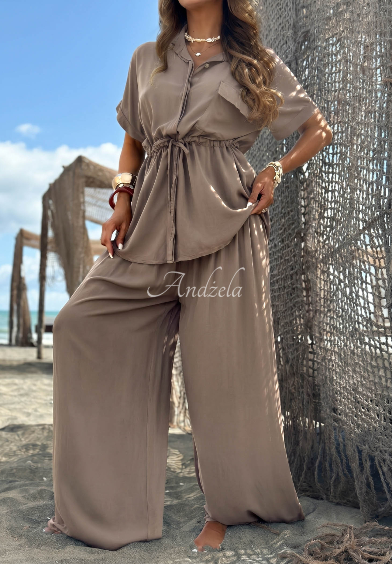 Elite Summer mocha viscose set: ribbed-collar shirt and wide-leg pants