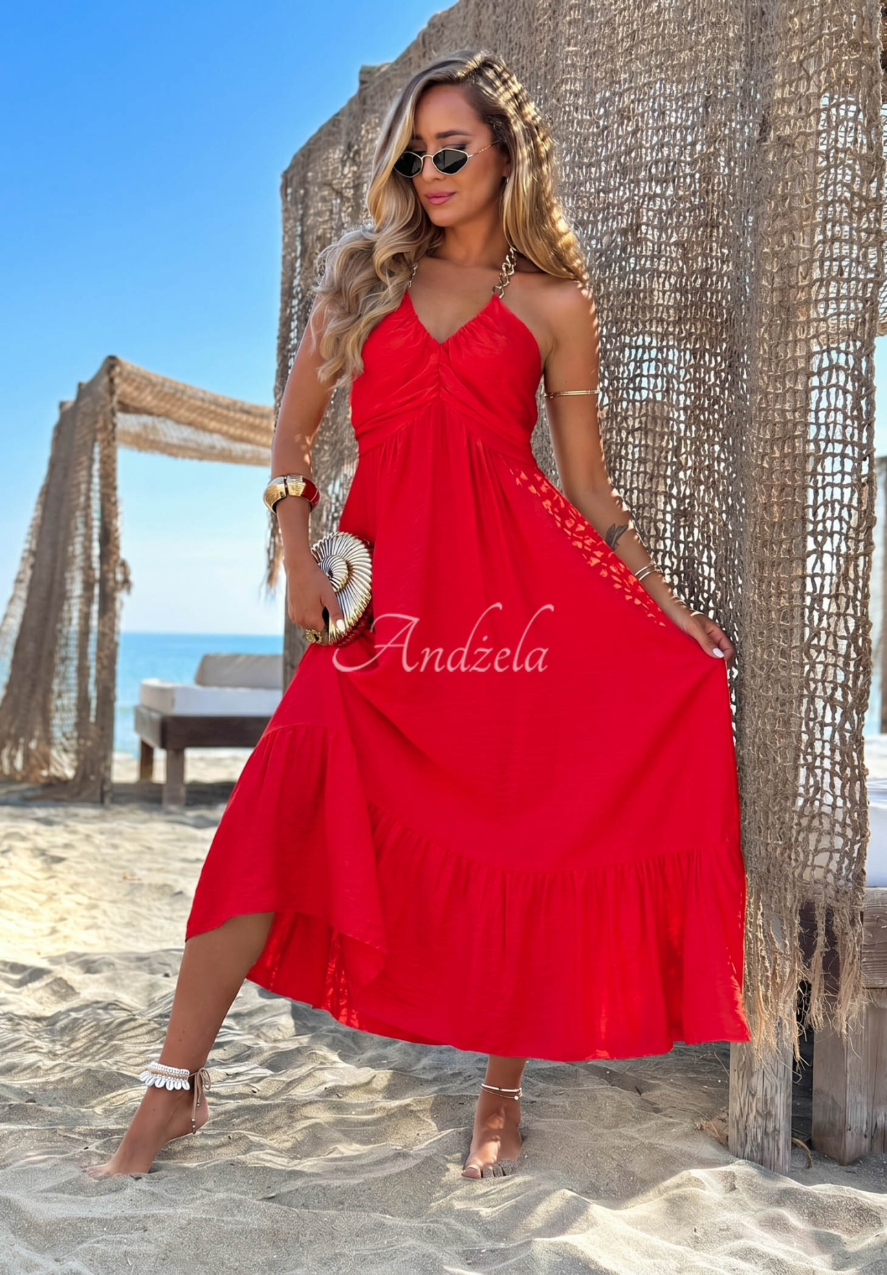 Summer Darling Red Viscose Maxi Dress with Straps and Ruffles