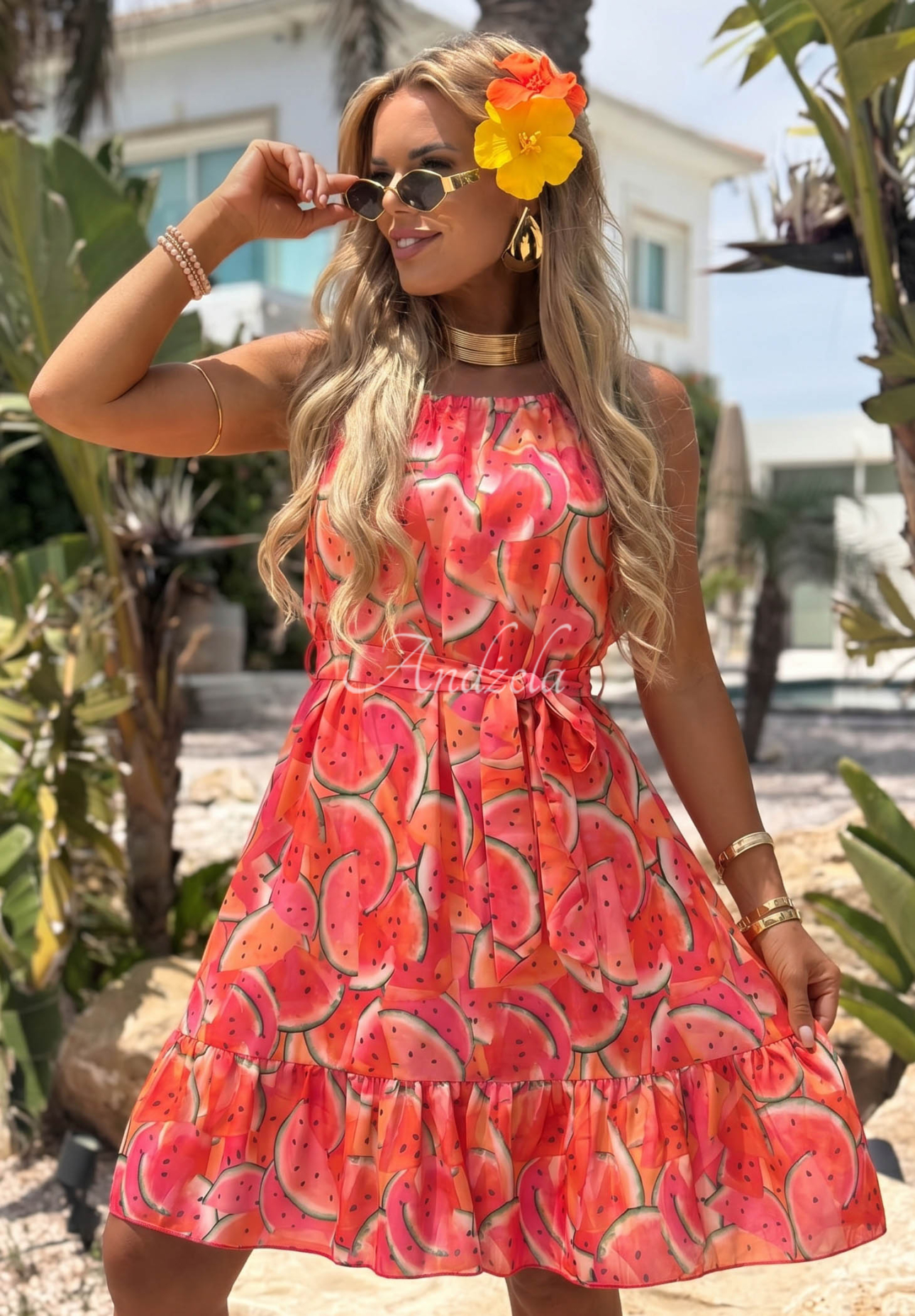 Tropical Slice Pink and Orange Watermelon Print Spaghetti-Strap Mini Dress