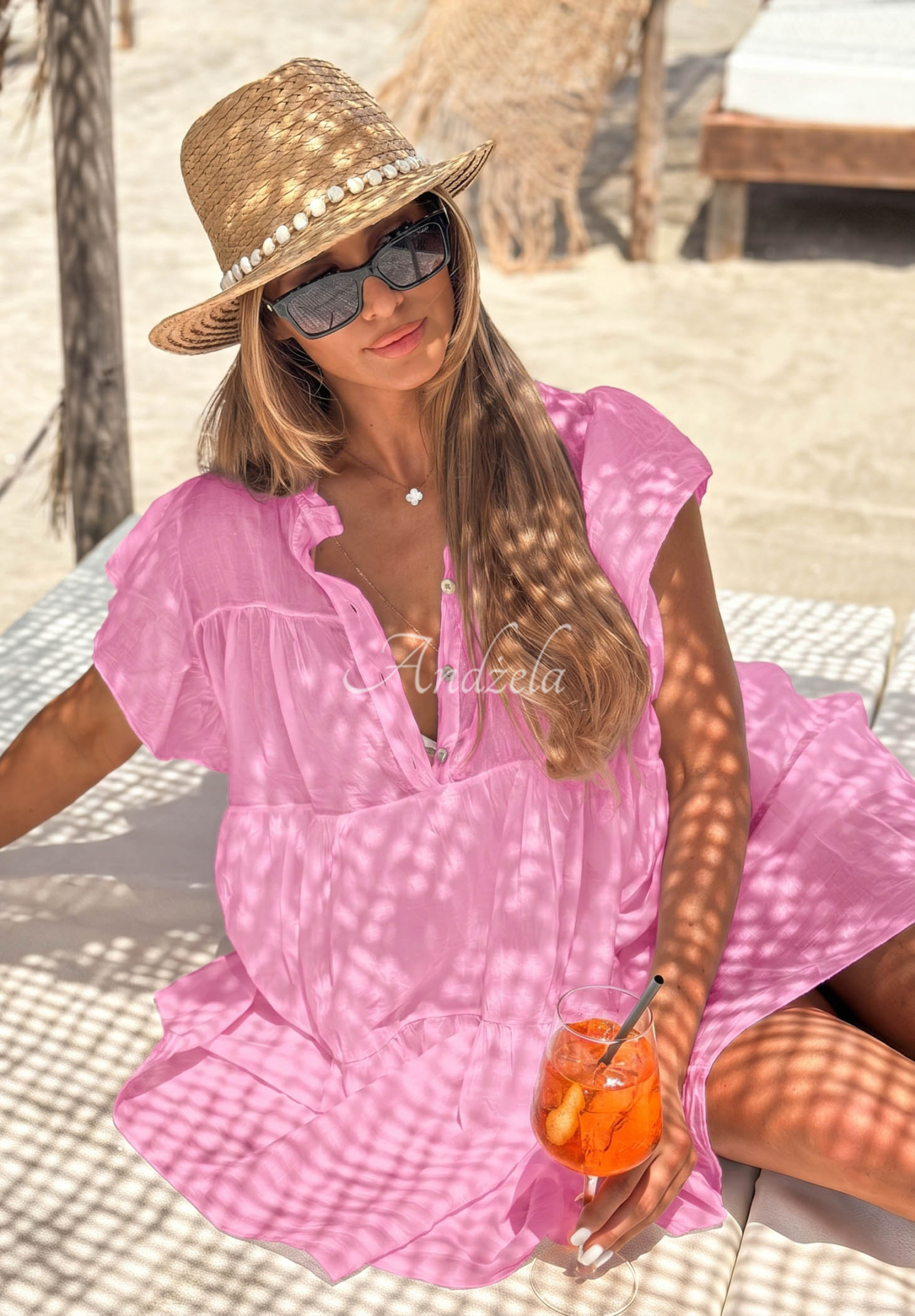 Pretty Summer Pink Cotton Mini Dress with Ruffles