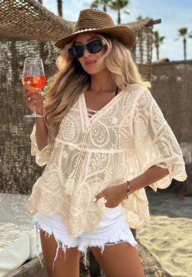 Embroidered boho-style tie-front blouse in Lagoon Light light beige cotton
