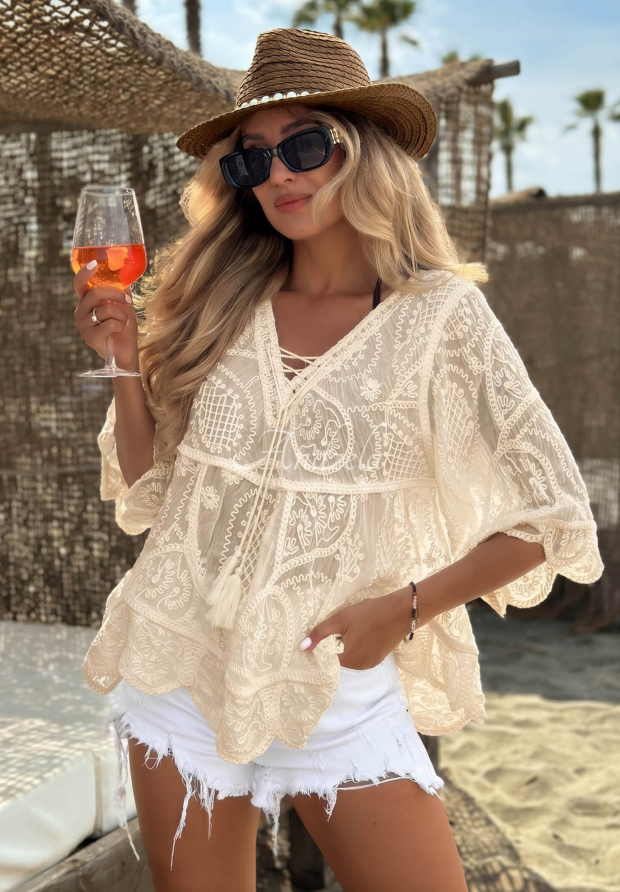Embroidered boho-style tie-front blouse in Lagoon Light light beige cotton