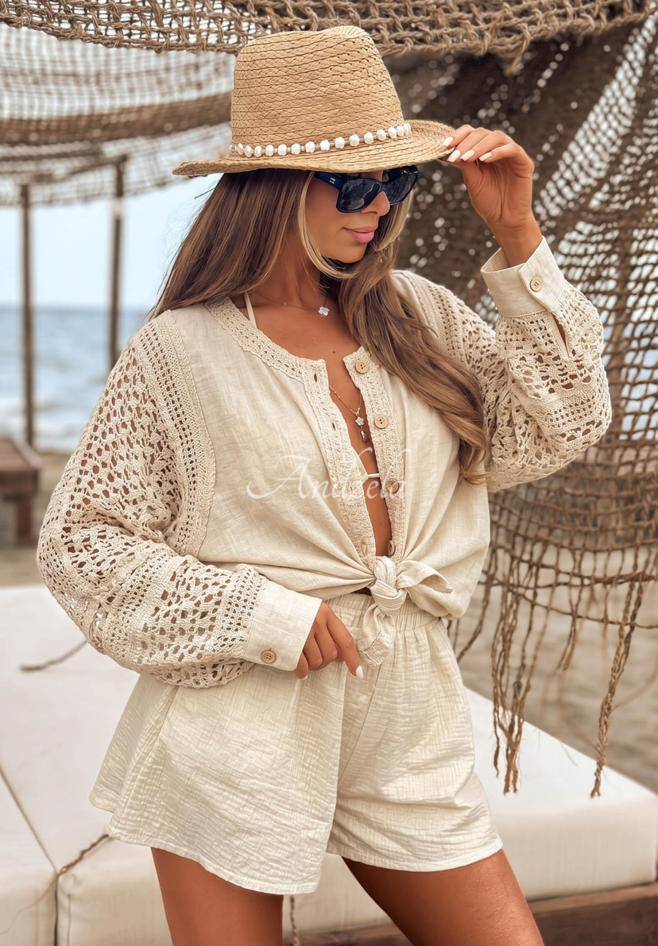 Dolce Sunshine Beige Openwork Boho Shirt in Linen and Viscose