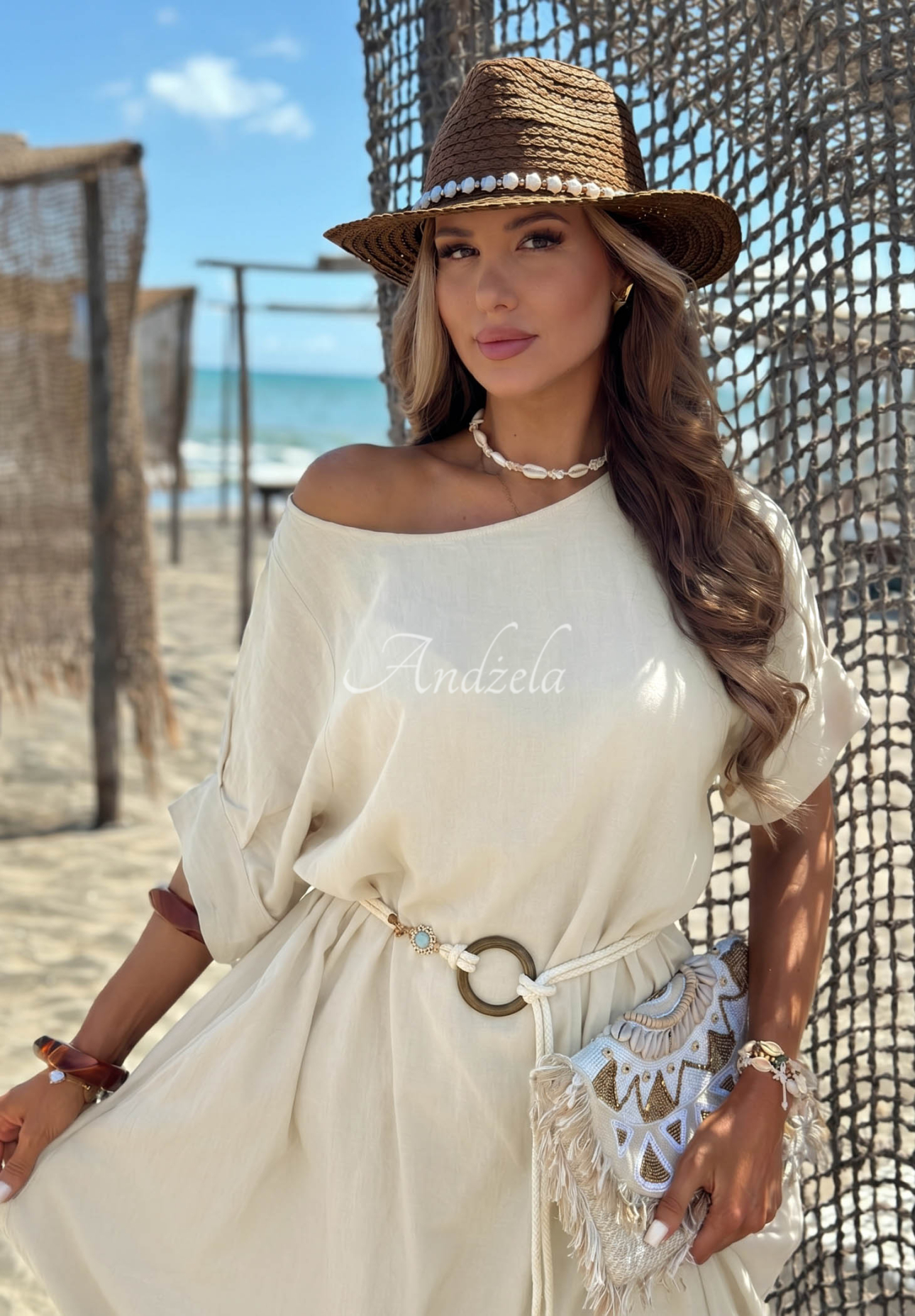 Summer Diva Beige Cotton Dress with Braided Belt