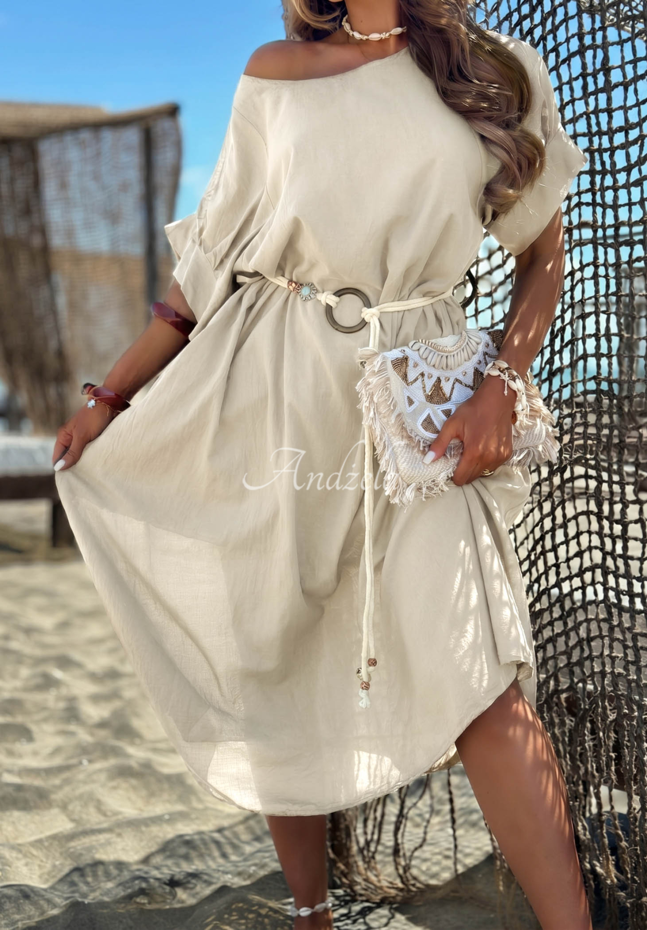 Summer Diva Beige Cotton Dress with Braided Belt