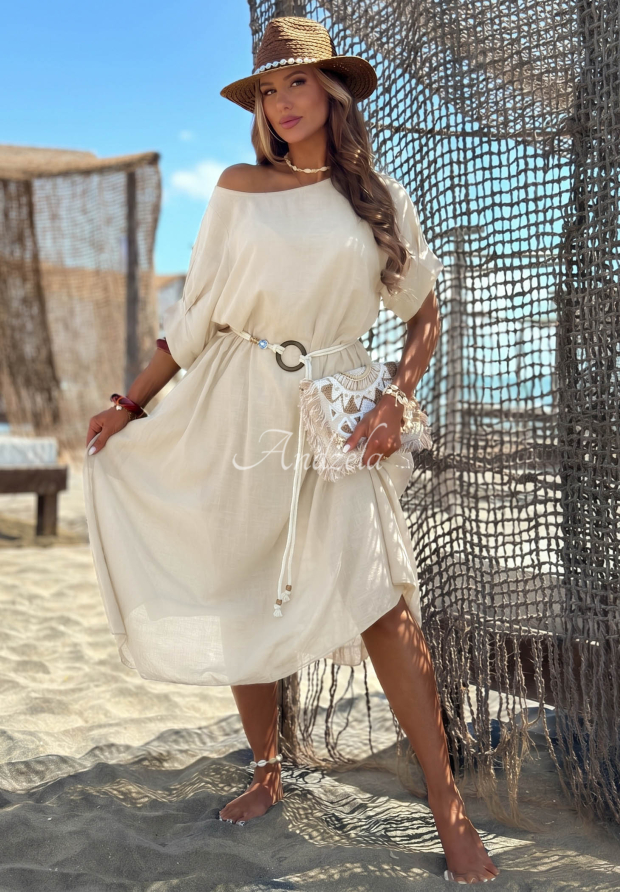 Summer Diva Beige Cotton Dress with Braided Belt
