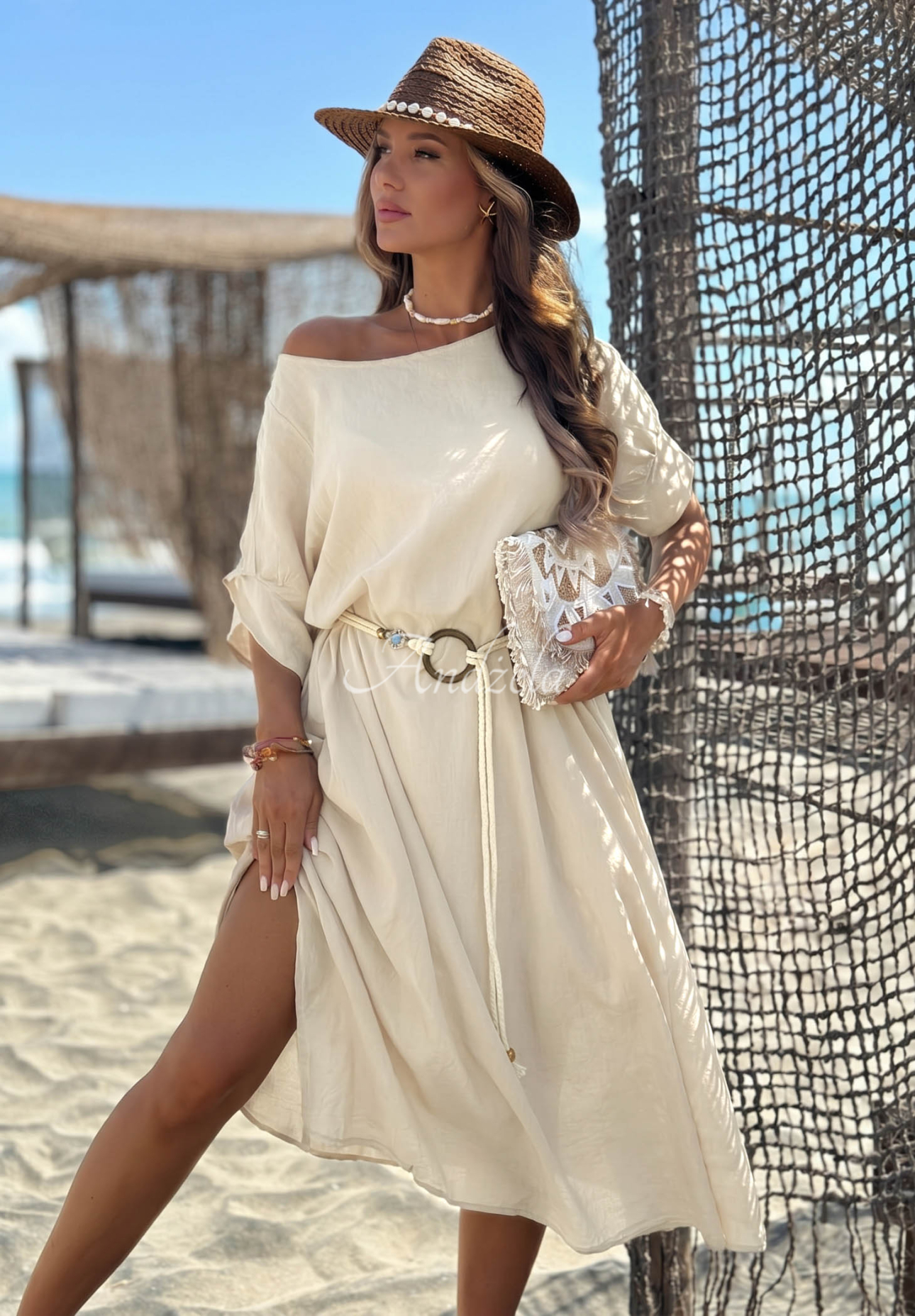 Summer Diva Beige Cotton Dress with Braided Belt