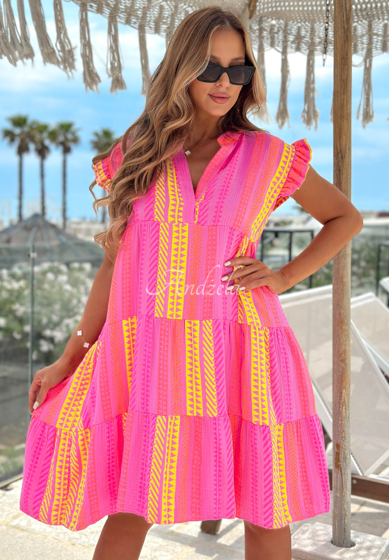 Hello Sunshine Pink and Yellow Patterned Cotton Dress with Ruffles