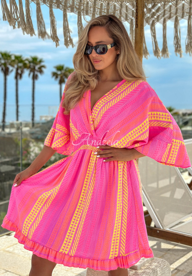 Hello Sunshine Pink and Yellow Patterned Cotton Dress