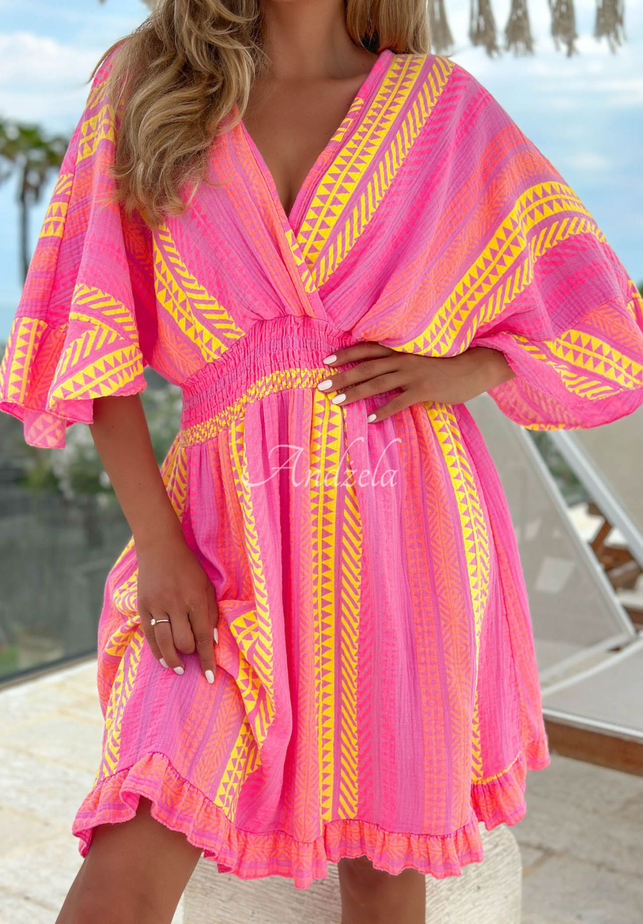 Hello Sunshine Pink and Yellow Patterned Cotton Dress