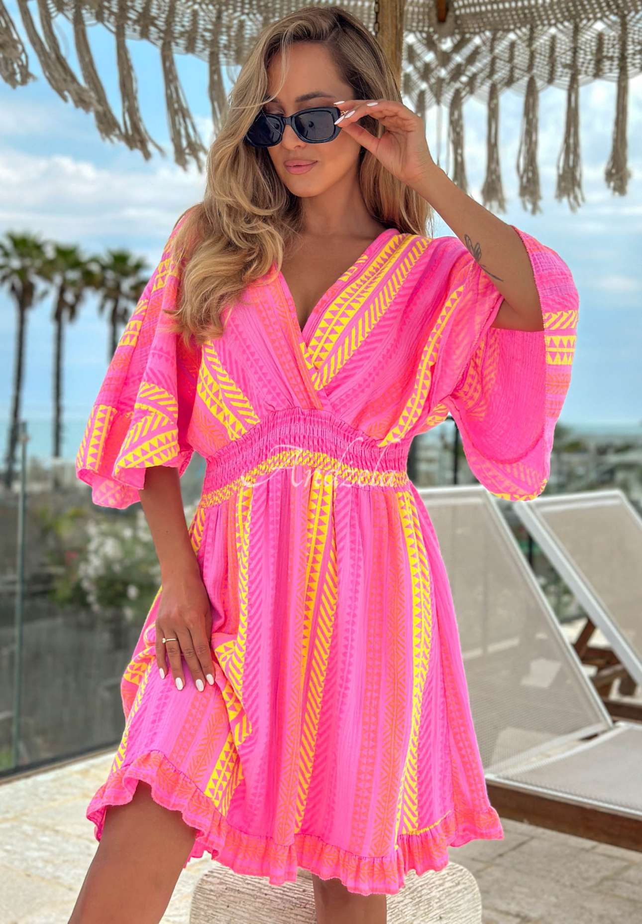 Wzorzysta Dress z bawełny Hello Sunshine różowo-yellow