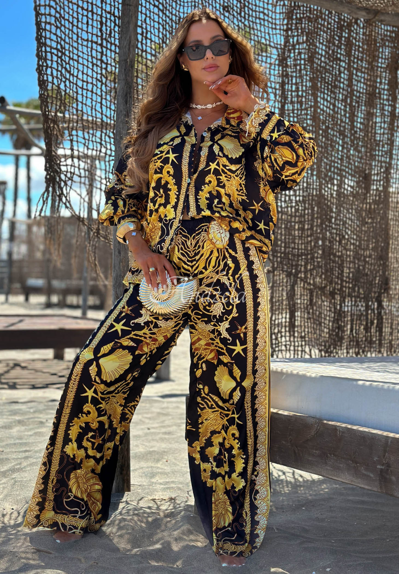 Golden Mare Black and Gold Satin Viscoose Shirt and Wide-Leg Pants Set