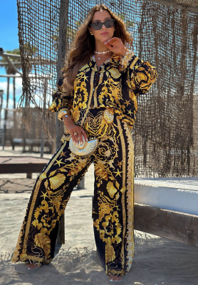 Golden Mare Black and Gold Satin Viscoose Shirt and Wide-Leg Pants Set