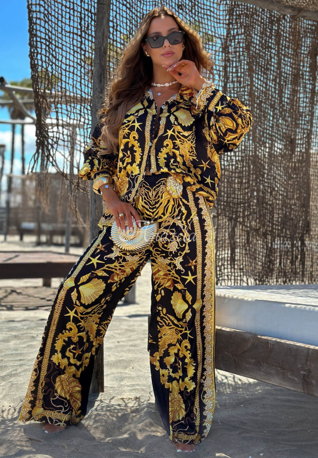 Golden Mare Black and Gold Satin Viscoose Shirt and Wide-Leg Pants Set