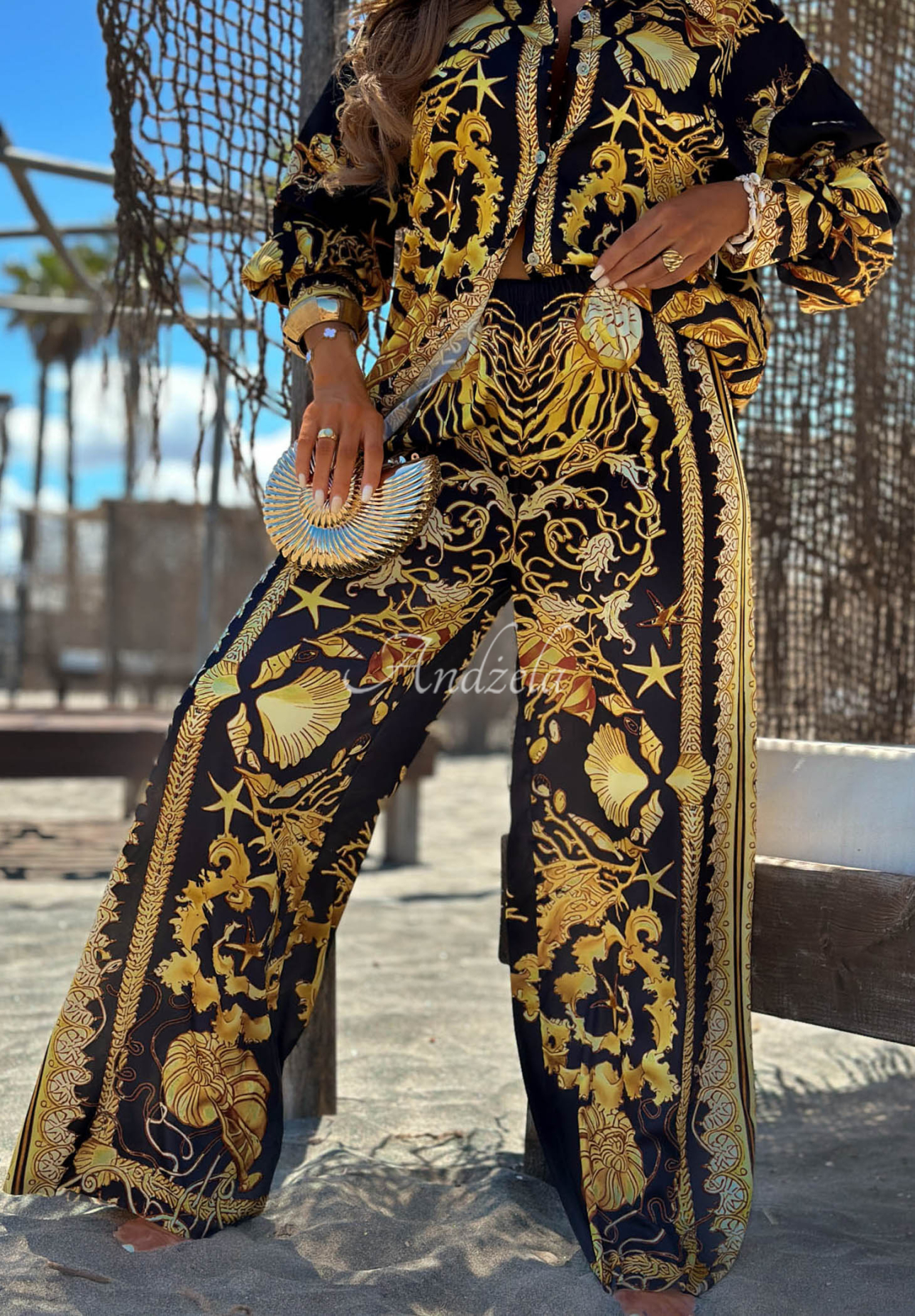 Golden Mare Black and Gold Satin Viscoose Shirt and Wide-Leg Pants Set