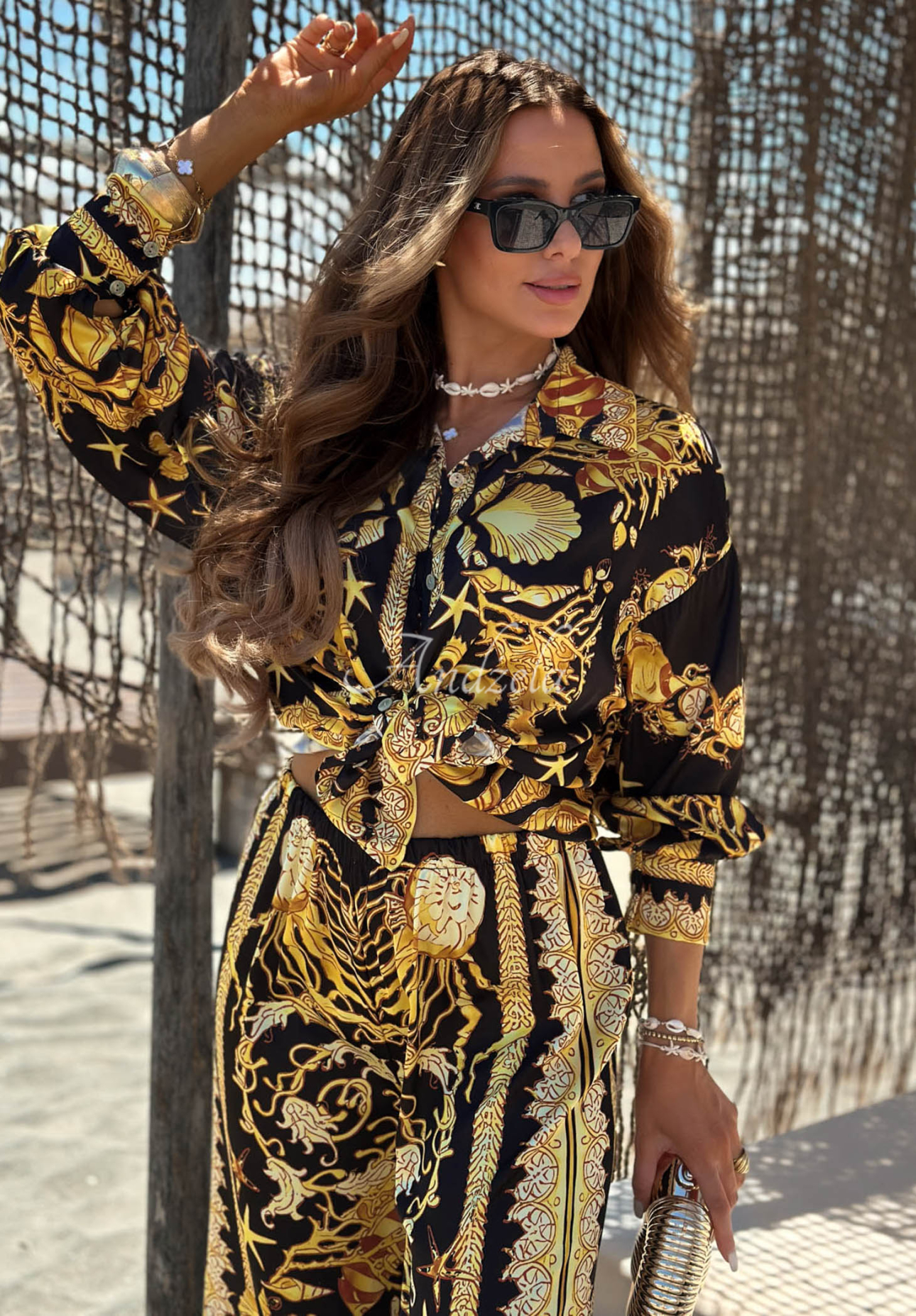 Golden Mare Black and Gold Satin Viscoose Shirt and Wide-Leg Pants Set